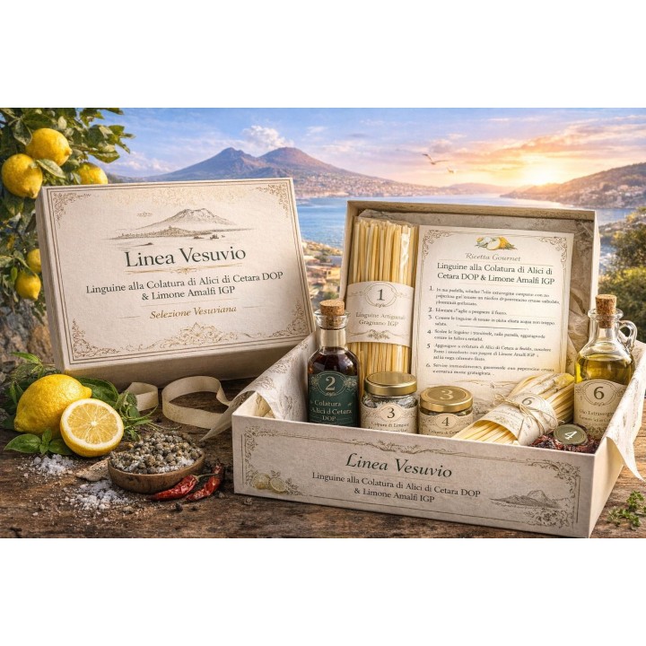 Linea Vesuvio – Linguine di Gragnano IGP con Colatura di Alici di Cetara DOP e Limone Costa d’Amalfi IGP | Box Gourmet Campania