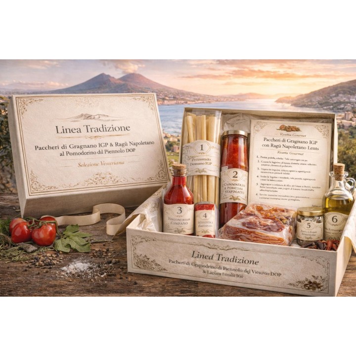 Linea Tradizione – Paccheri di Gragnano IGP con Ragù Napoletano al Pomodorino del Piennolo DOP | Box Gourmet Campania